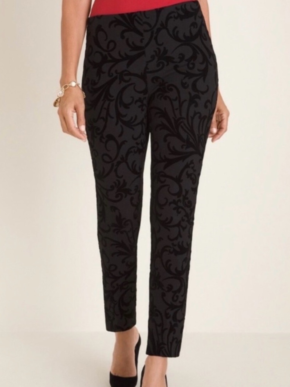 Chico’s | Black Velvet Scroll Juliet Patterned Pants